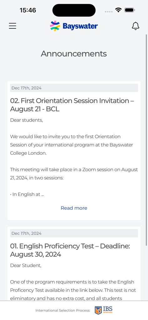 IBS Americas - Tela de anúncios do aplicativo IBS Americas mostrando convites para sessões de orientação e prazos para testes de proficiência