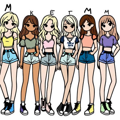 a group of girls wearing crop tops and shorts