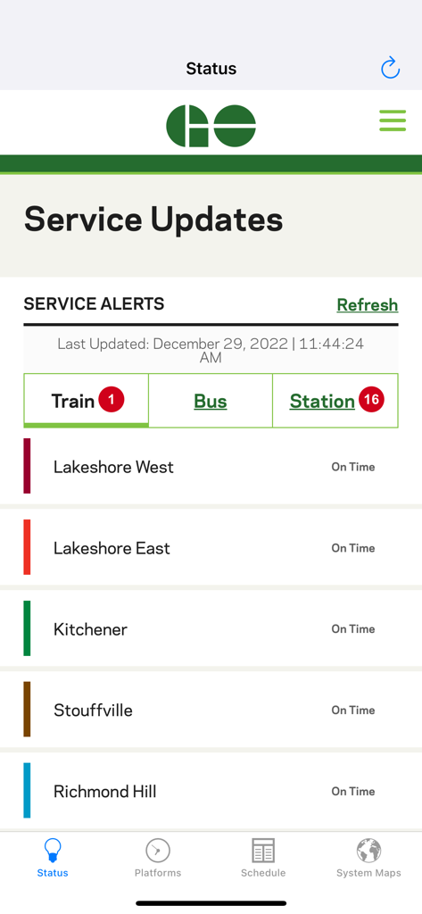 Service updates and train status in the GOToronto app