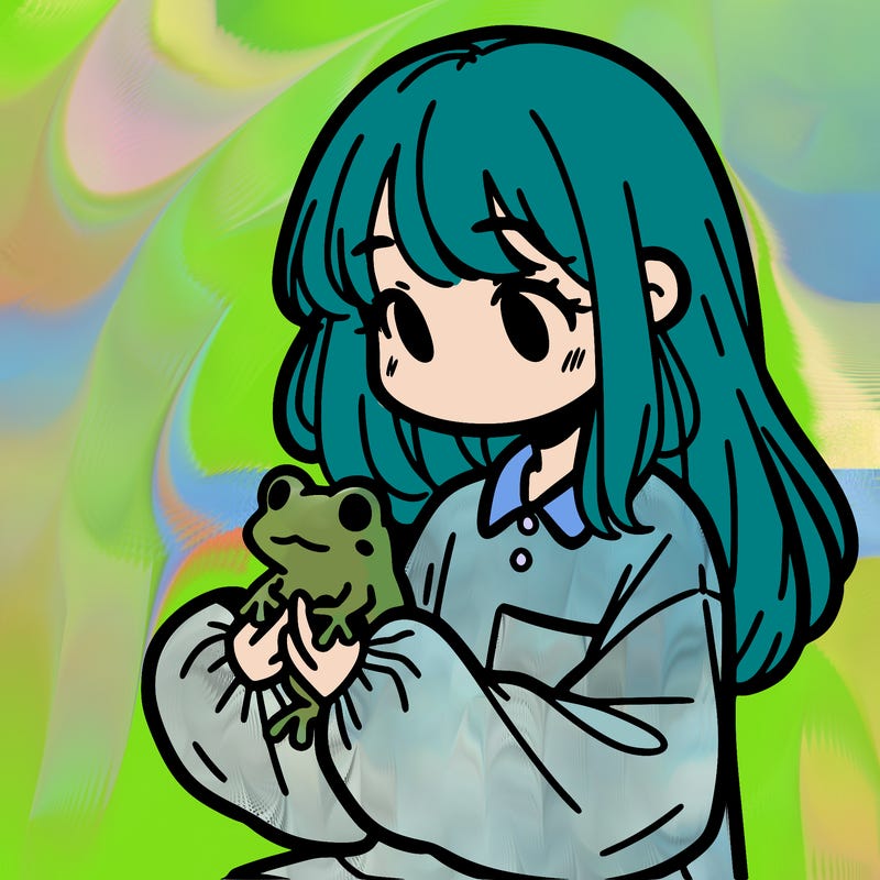 girl with long hair and a oversized shirt. and she is holding a frog