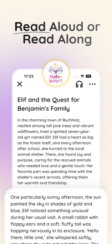 StoryWonderアプリのインターフェース。読み上げまたは読み聞かせのオプションが表示された、パーソナライズされた子供向けストーリーを表示しています。