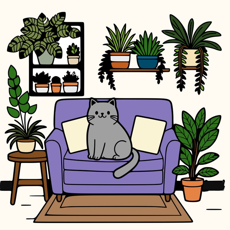 cat on a sofa in a room full of plants