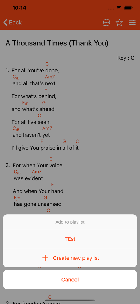 Christian song lyrics and chords with a playlist selection menu