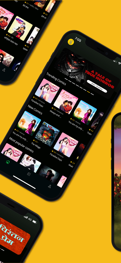 Pratilipi Comics - Una interfaz de aplicación móvil que muestra una biblioteca de cómics y webtoons indios con categorías como Tendencias y Nuevos Cómics.