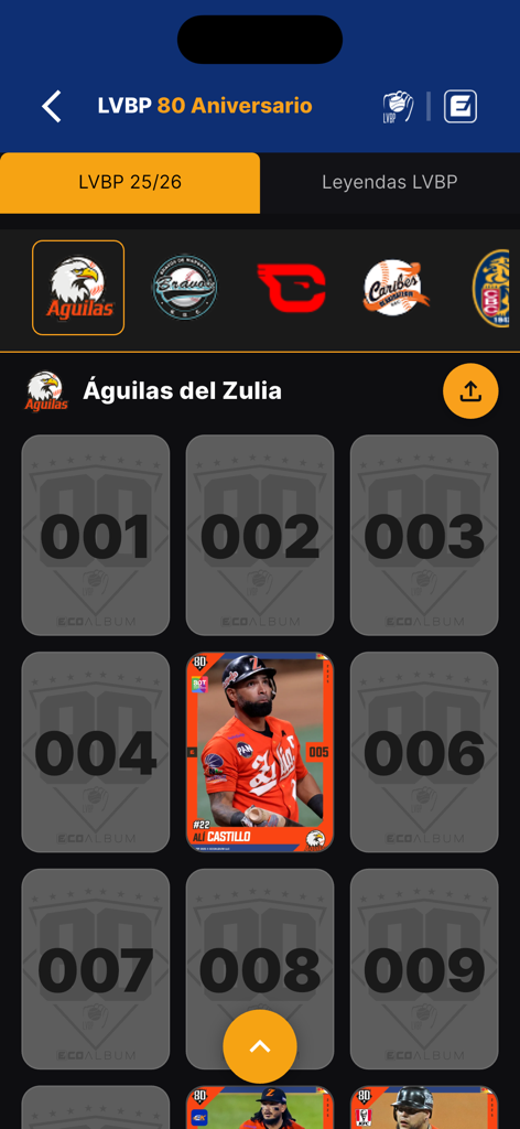 LVBP 80 - Interfaz del álbum de cartas coleccionables digitales de béisbol que muestra la colección del equipo Águilas del Zulia