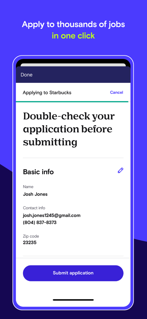 A mobile phone screen displaying the Snagajob app interface for a one click job application
