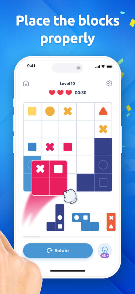 Pindoku－Pixel Block Puzzle - Una interfaz de juego móvil que muestra un colorido rompecabezas de bloques con una mano arrastrando una pieza al lugar