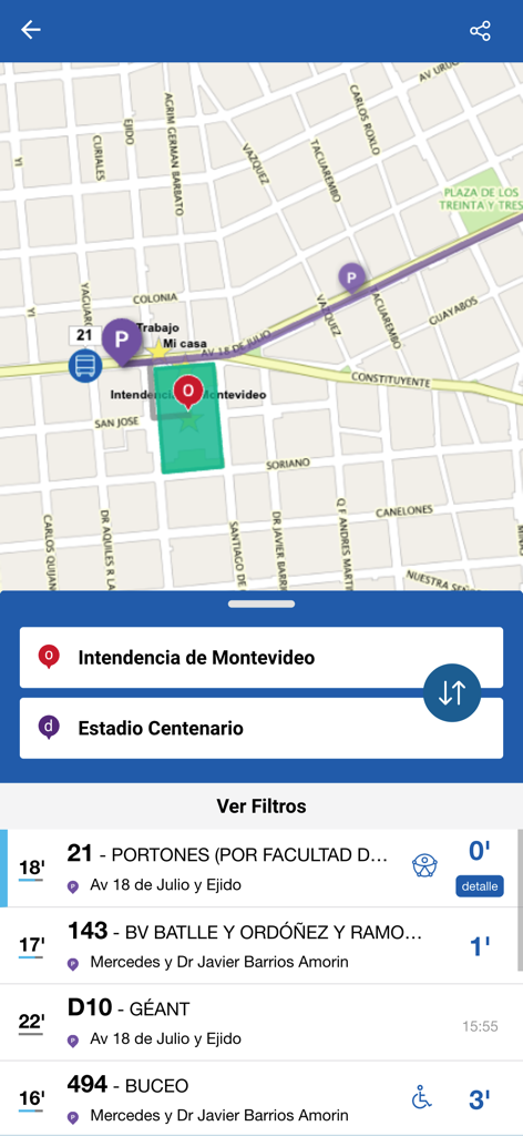 The Como ir app interface displaying a map of Montevideo and upcoming bus arrival times