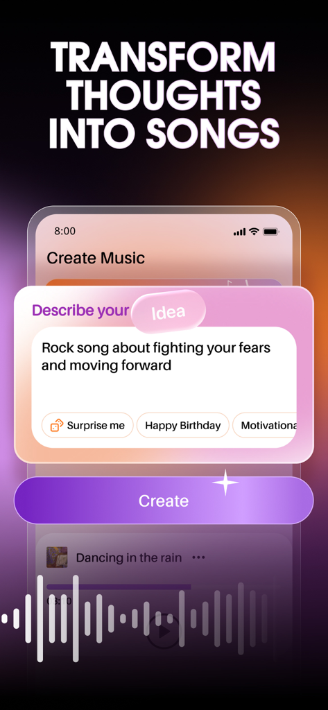 The Tunecy app interface showing how to transform text prompts into AI generated songs.