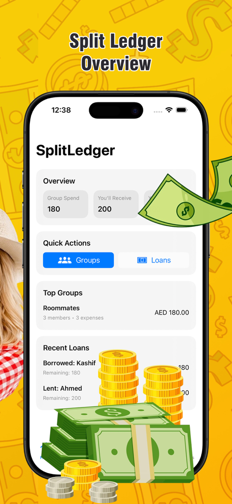 Money Control Budget - Dashboard of the Money Control Budget app showing shared group expenses and loan tracking summaries.