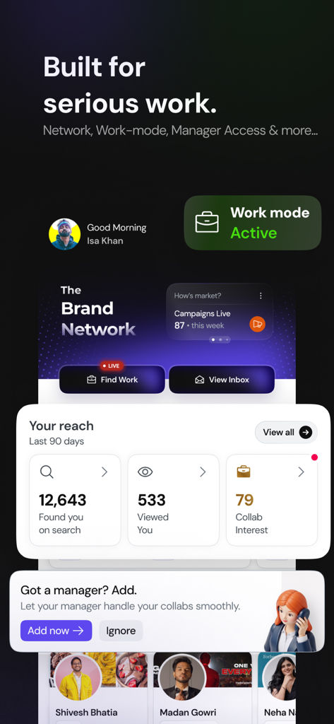 HashFame - HashFame mobile app dashboard showing creator reach metrics, work mode status, and influencer network options.