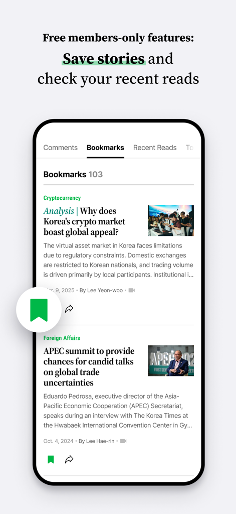 The Korea Times - The Korea Times news app interface showing bookmarked articles on cryptocurrency and foreign affairs.