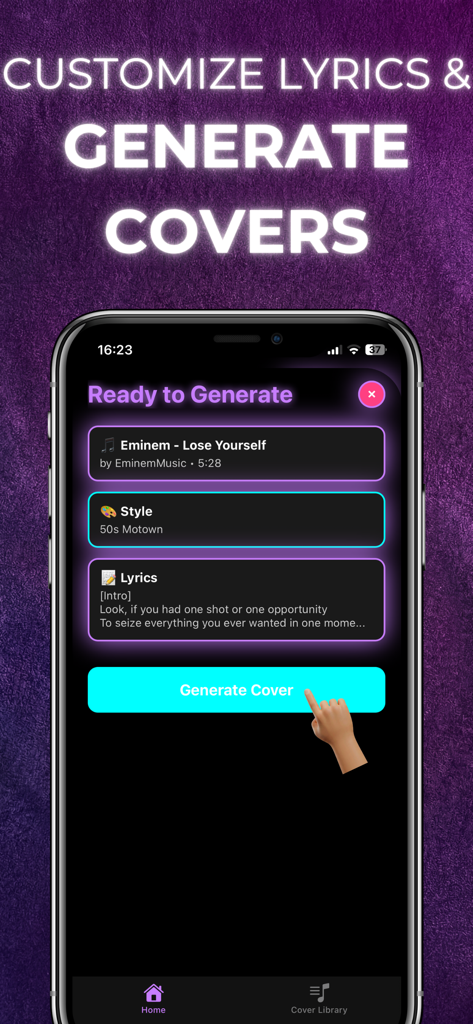 Mobile interface showing the creation of an AI song cover for a rap song in a 50s Motown style