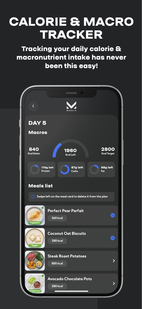 Morsia - Morsia app calorie and macro tracking interface with daily meal plan