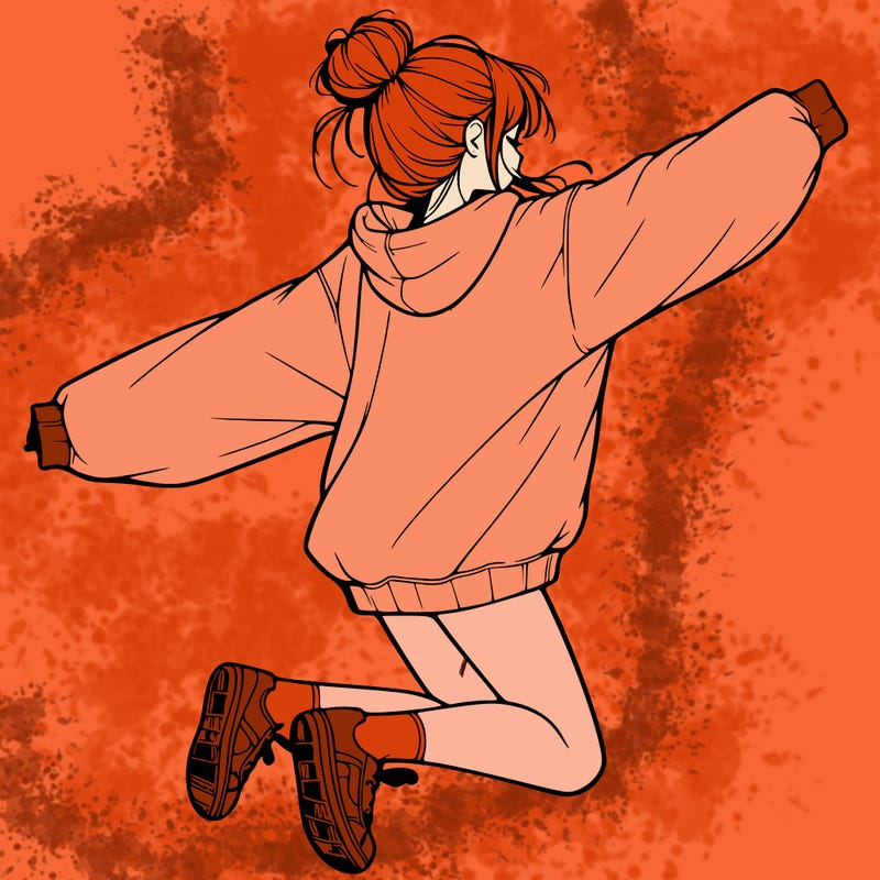 realistic girl jumping with a bun and oversized sweatshirt