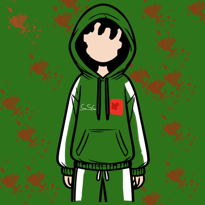 faceless girl in a tracksuit with a hood on and no hair