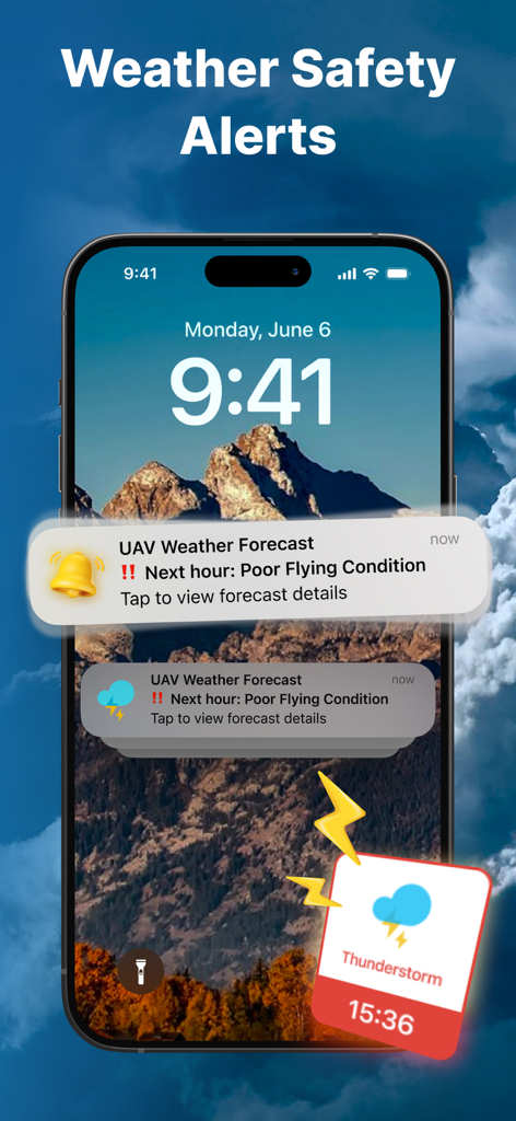 DroneWX UAV Weather Forecast - iPhone lock screen displaying real-time weather safety alerts and notifications for drone flying conditions