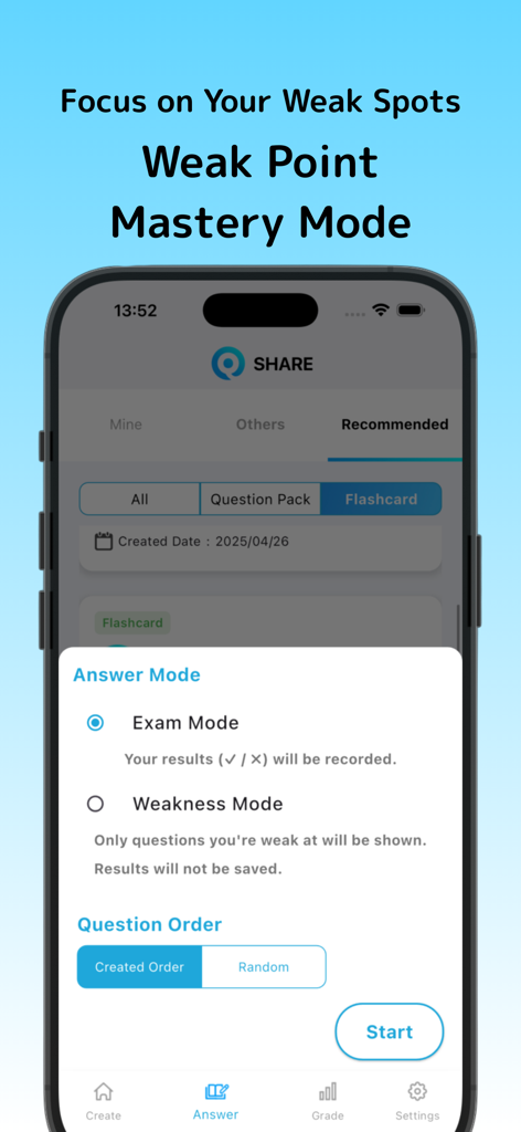 A mobile phone screen showing the Q Share app with Answer Mode options including Exam Mode and Weakness Mode for targeted studying