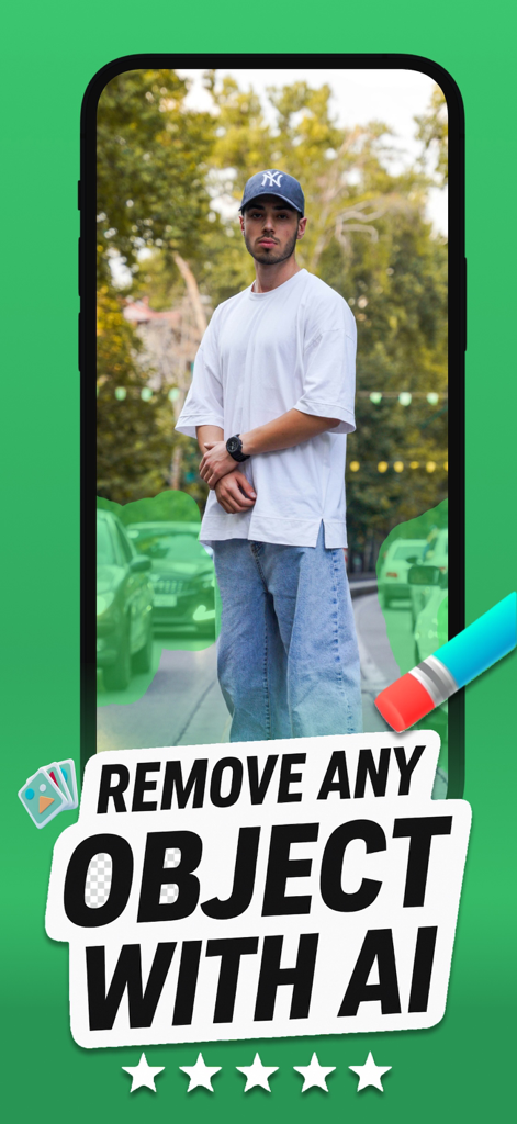 Erase Objects: Remove People - A mobile app interface showing a person with background objects highlighted for removal by AI