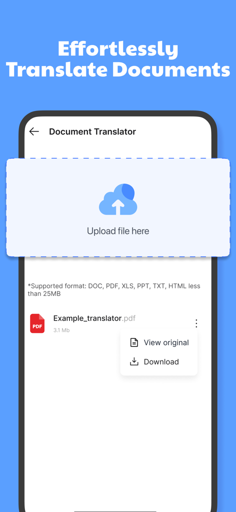 A mobile app interface showing the Document Translator feature with an option to upload files like PDF and DOC.