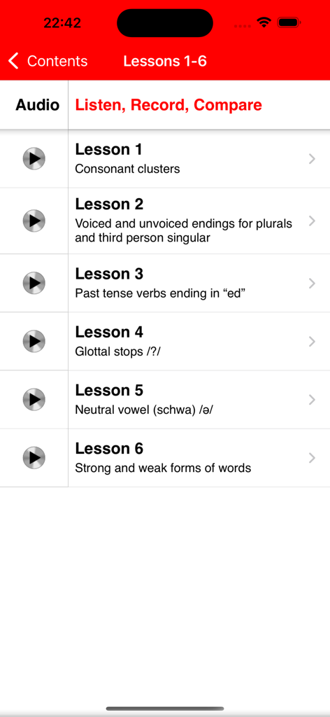 Fluent English Speech - A list of pronunciation lessons in the Fluent English Speech app featuring topics like consonant clusters and neutral vowels with audio playback options.