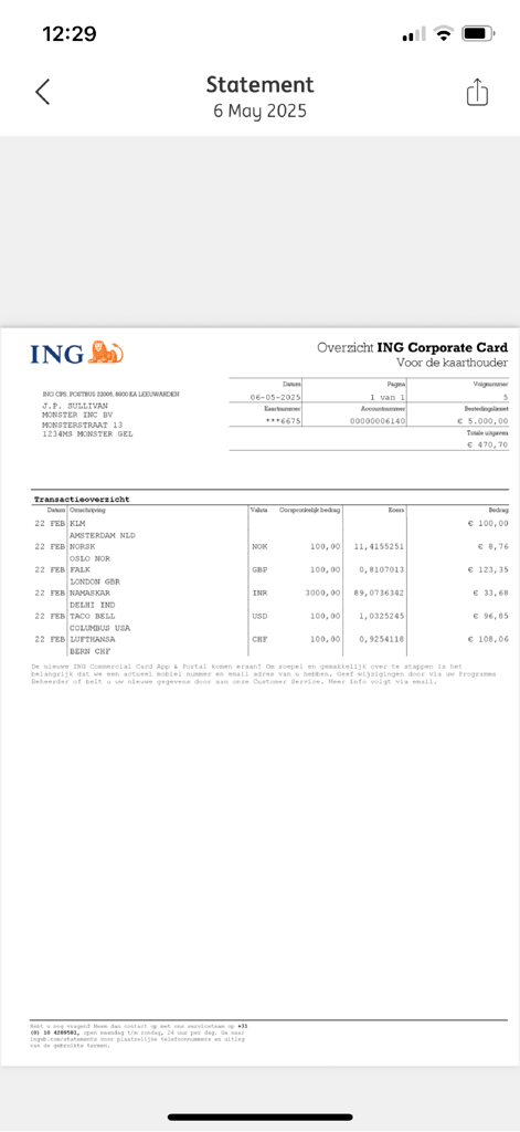 ING Commercial Card - Digital transaction statement on the ING Commercial Card app showing international business expenses