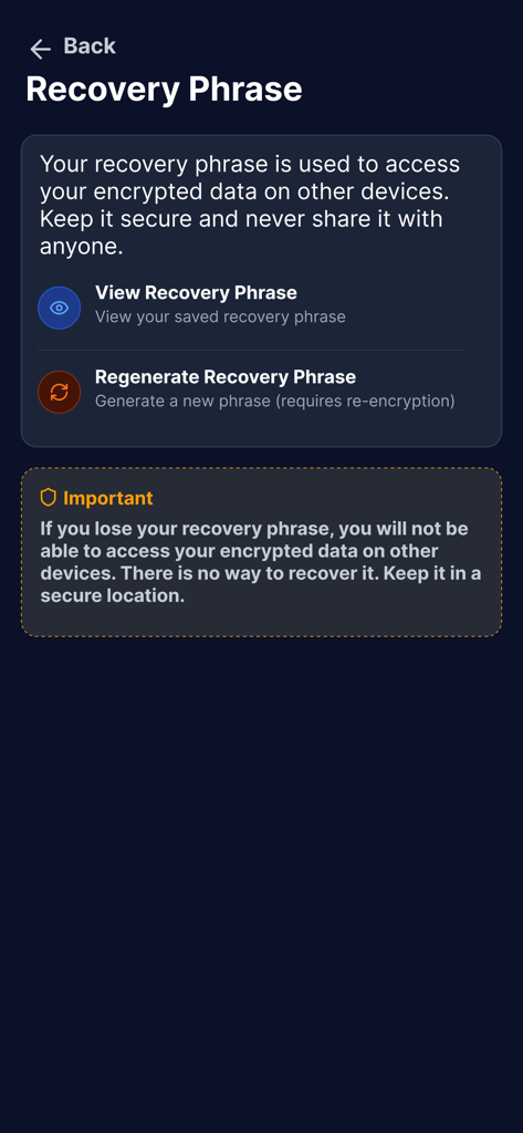 Fhola - Ecrã da aplicação Fhola para gerir frases de recuperação para aceder a registos de saúde encriptados
