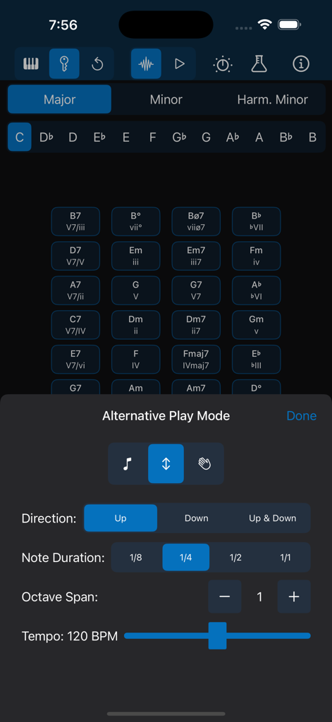 Chordi app interface showing arpeggiator settings for note direction, duration, and tempo.