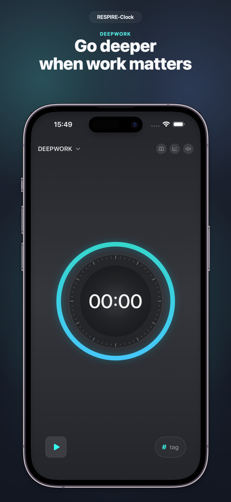 Deepwork timer screen in RESPIRE-Clock app with minimalist dark mode design