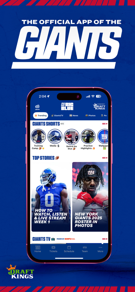 Official New York Giants mobile app home screen featuring team news, video highlights, and top stories