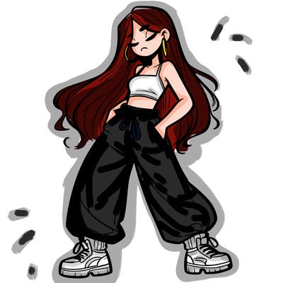 girl in baggy pants crop top and long hair