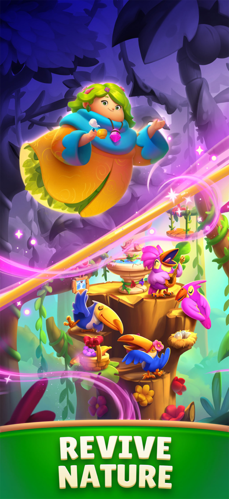 My Lovely Planet Puzzle Match3 - Mama Nature character floating in a vibrant jungle with tropical birds and the text Revive Nature