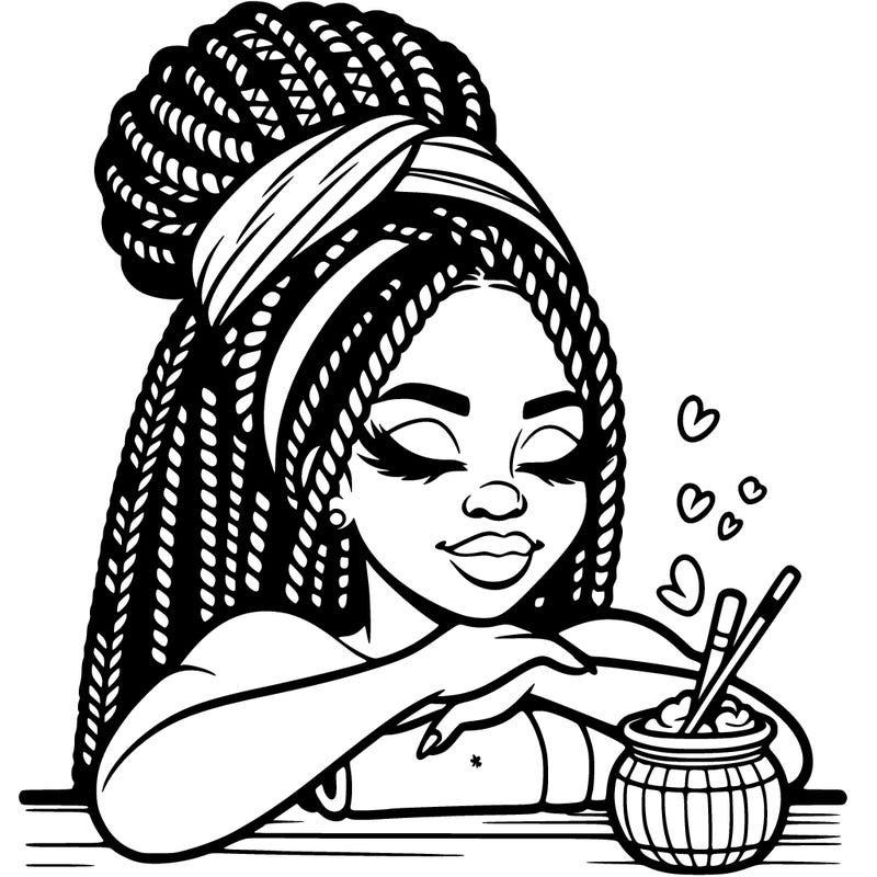 a black woman that looks realistic with braids tied in a bun having a self care day at the spa