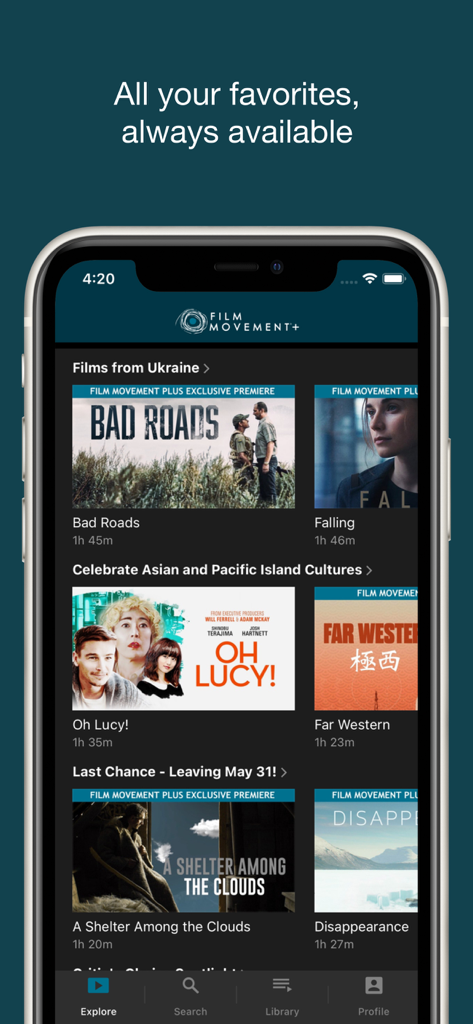 Film Movement Plus app interface showing categories for international and independent cinema.