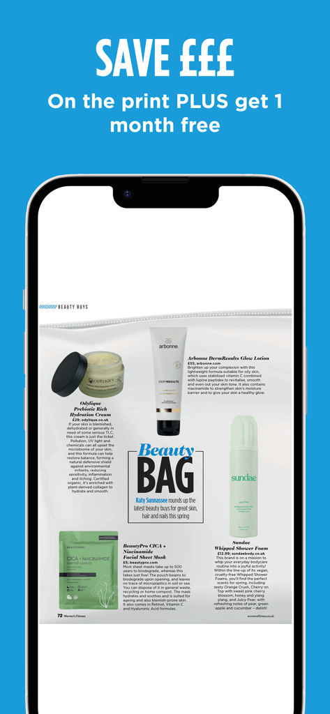 뷰티 제품 리뷰와 구독 할인 혜택을 보여주는 여성 피트니스 앱 스크린샷.