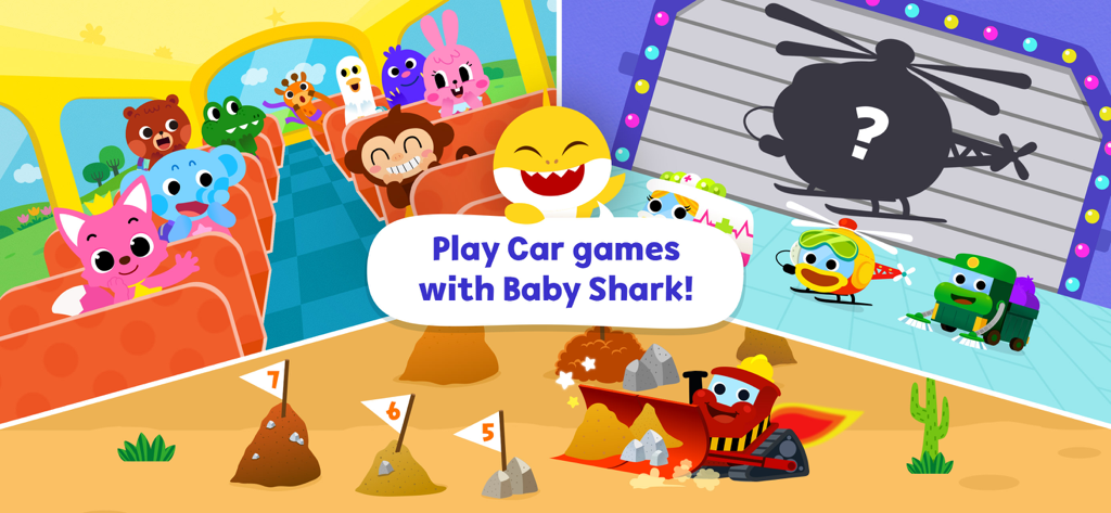 Baby Shark Car Town - Jeux de voitures pour enfants d'âge préscolaire mettant en vedette Baby Shark avec des activités comme un trajet en bus scolaire, l'association de véhicules et le jeu avec des engins de chantier