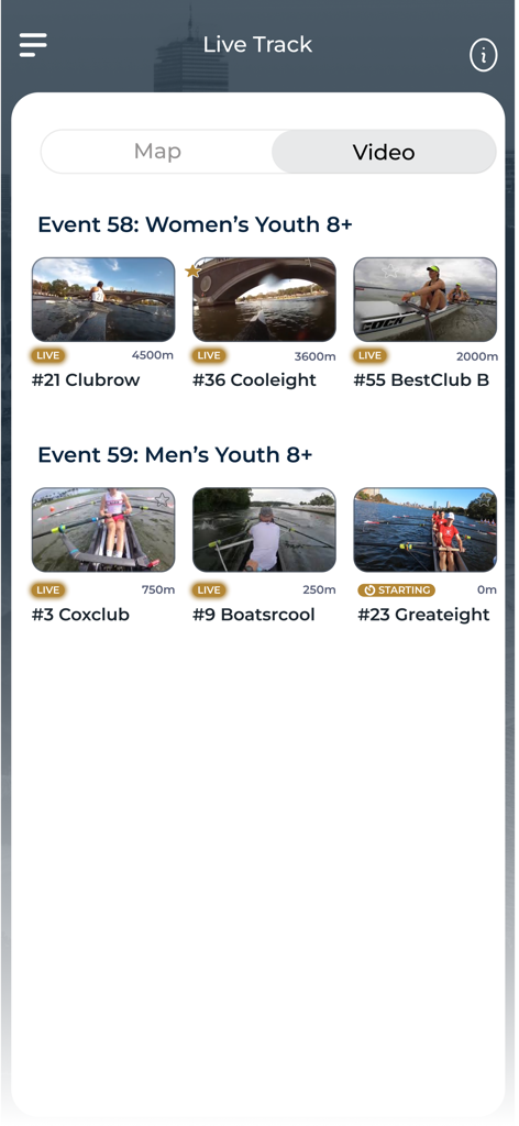 HOCR app screen showing live video streams for Women and Men Youth 8 rowing events