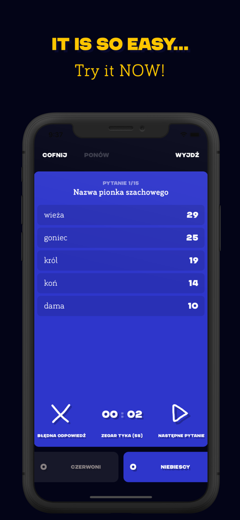 Quizado - Host control screen of the Quizado app showing a trivia question with point-valued answers and team selection buttons