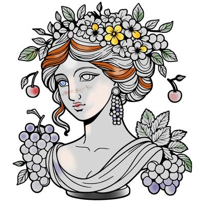 bust of a woman statue with flowers and a bunch of grapes in her hair, cherry earrings