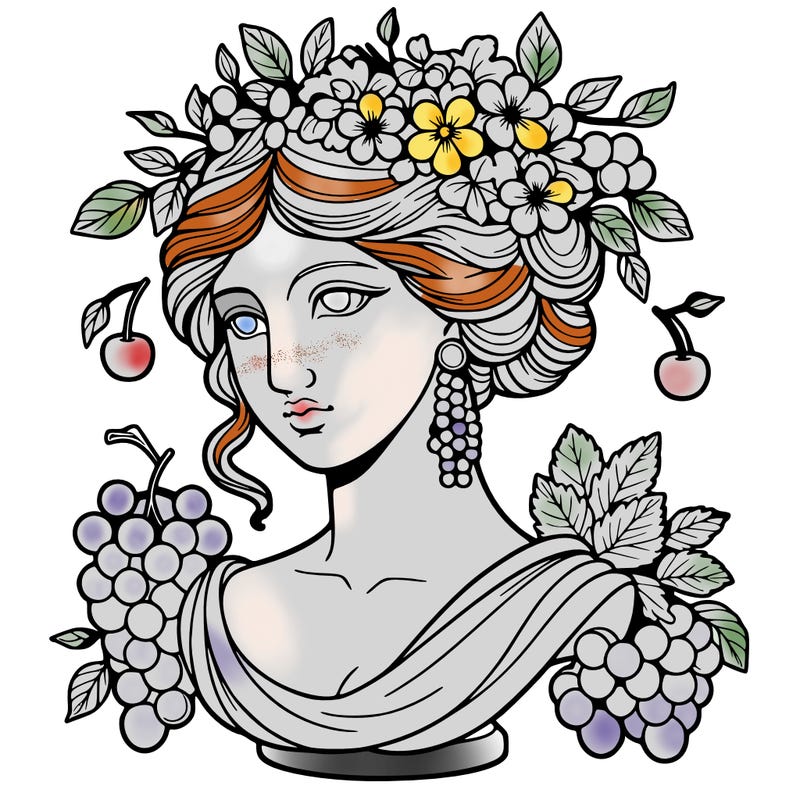 bust of a woman statue with flowers and a bunch of grapes in her hair, cherry earrings