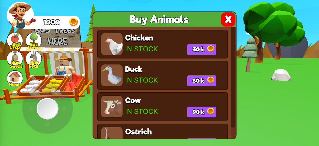 Grow My Garden + - Un menú en la aplicación Grow My Garden que muestra varios animales como pollos y vacas para comprar con moneda del juego
