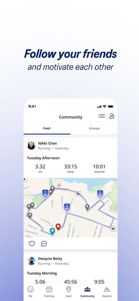 Flux d'actualités ASICS Runkeeper affichant les statistiques de course et les cartes GPS des amis