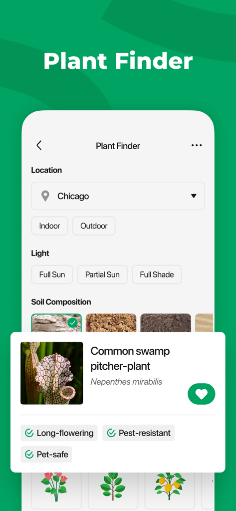PictureThis 앱 식물 찾기 기능의 스크린샷으로 위치 및 조명에 대한 검색 필터와 반려동물 안전 식물 결과가 표시됨
