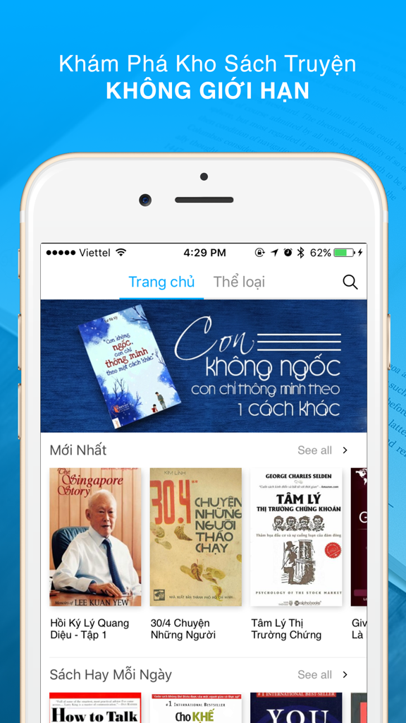 Startbildschirm der aBooks-App mit einer Sammlung vietnamesischer Bücher und Geschichten