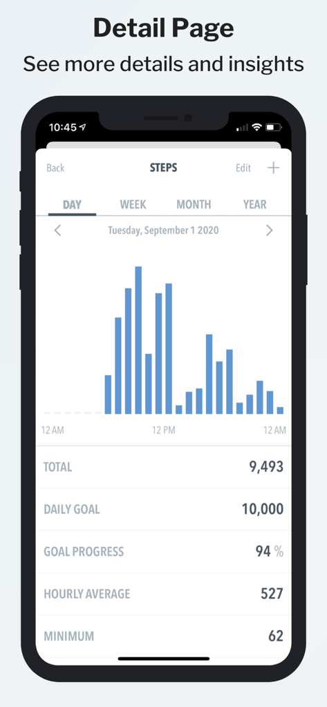 HealthView - HealthView mobile app showing a daily steps bar chart with goal progress and health metrics
