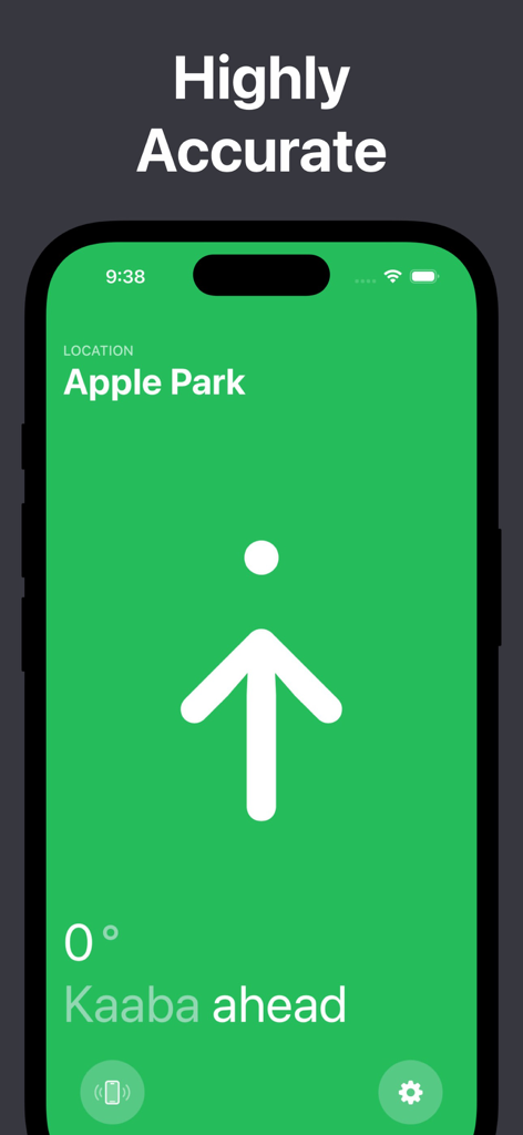 Eine minimalistische Smartphone-Oberfläche, die einen weißen Pfeil zeigt, der auf die Kaaba zeigt, mit hochpräziser Richtungsverfolgung
