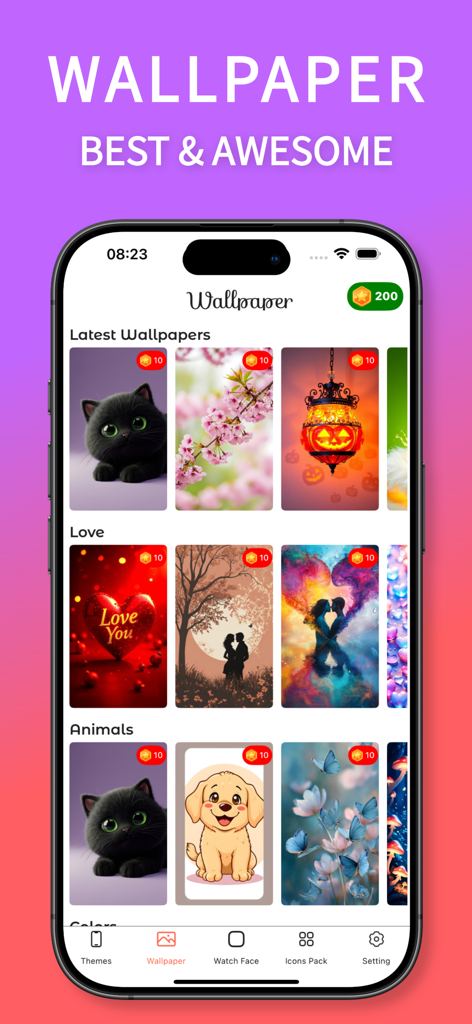 ThemePack - Icons & Wallpaper - ThemePack app interface displaying various wallpaper categories for iPhone customization