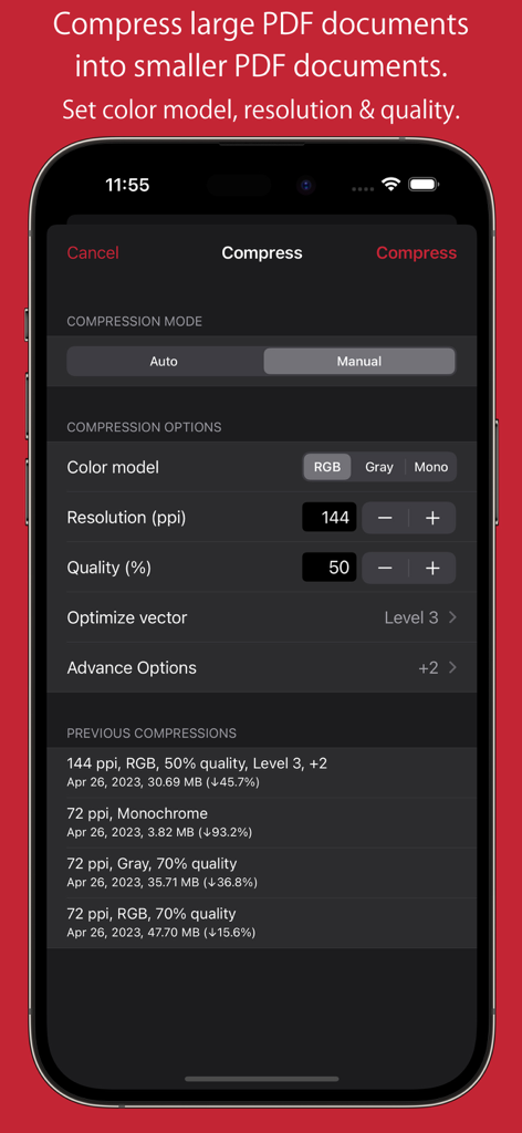iPhone画面上の解像度、品質、カラーモデルのコントロールを示すPDFOptimの手動圧縮設定。