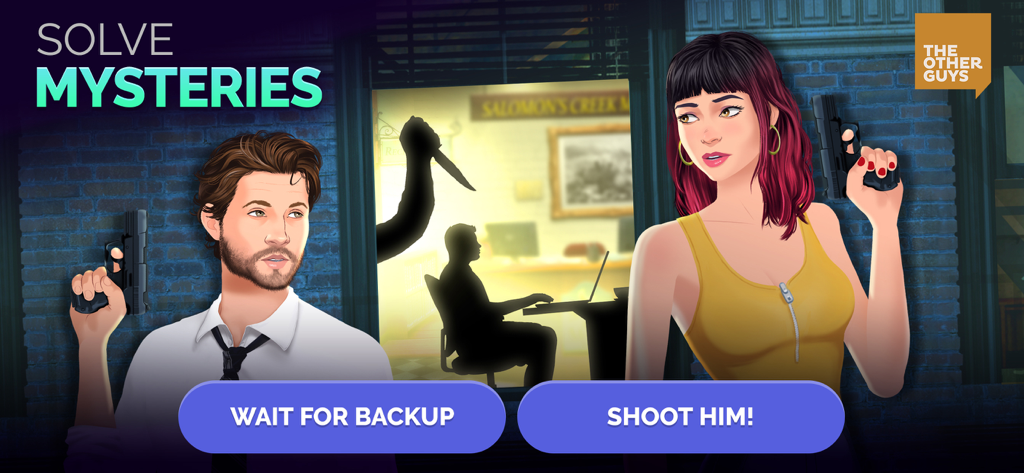 Journeys: Romance Stories - Dos personajes con pistolas en una historia de misterio de detectives con botones de opción interactivos para esperar refuerzos o disparar