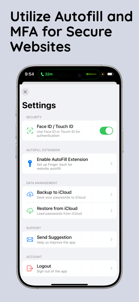 The settings menu of Finger Vault app displaying options for FaceID biometric security and autofill extension setup.